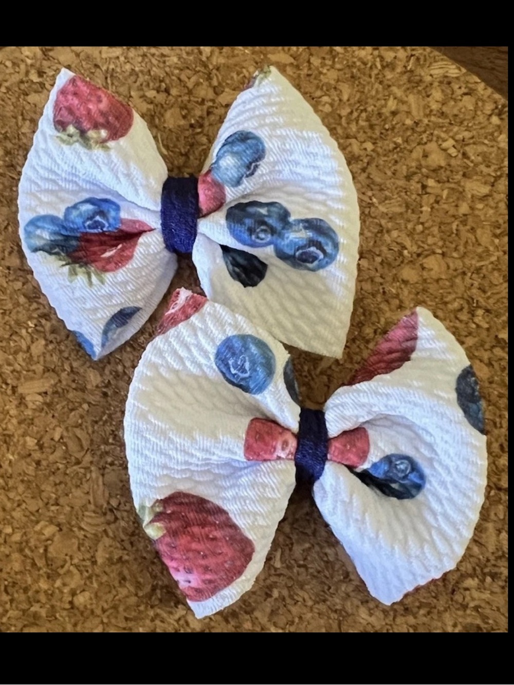 Handmade Fabric Hair Bow Red White Blue Berry 4th July Girl 2.75”x2.5” Clip 2pc